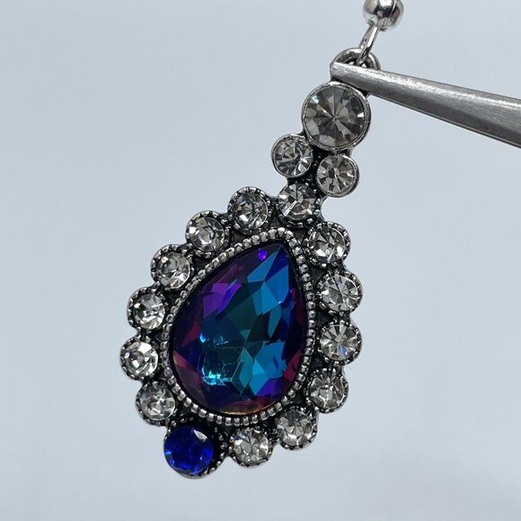 Stunning Silver Tone AB Purple Glass Rhinestone Teardrop Earrings Statement Boho - Picture 5 of 7